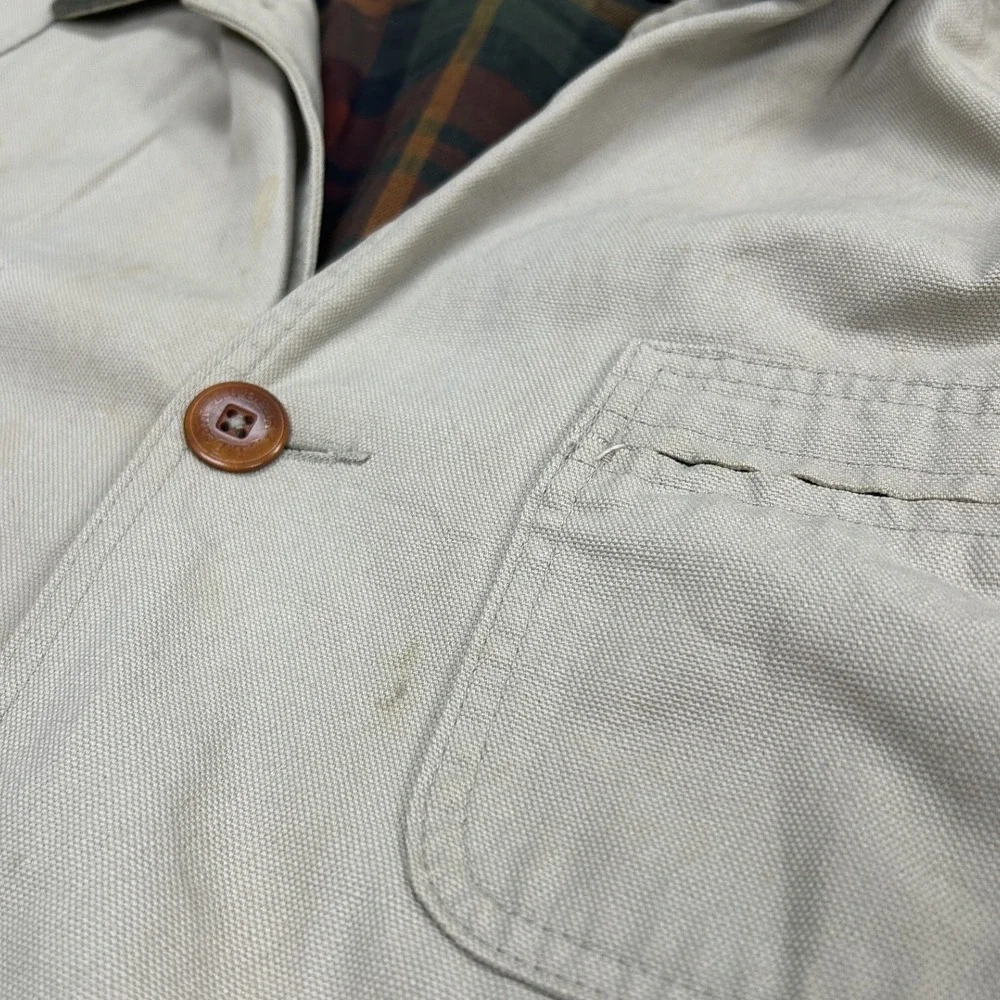 L.L. Bean Field Coat Mens L Khaki Tan Plaid Lined Corduroy Trim Barn Jacket